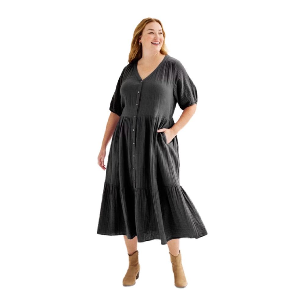 Sonoma Womens Button Thru Femme Midi Dress A Line Pockets Tiered Gray 5X